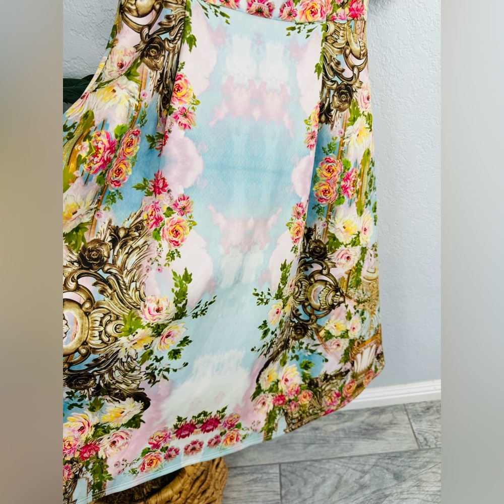 ASOS Gold Pastels Baroque Garden Pleated Off Shoulder Barot Dress - Picture 4 of 8